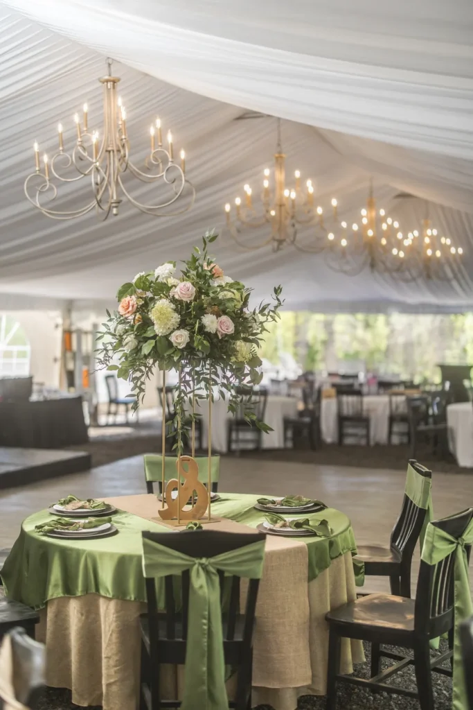 Wedding reception setup at Riverbend Events in Weedsport, NY, featuring a round table with green and beige linens, floral centerpiece, black chairs with green sashes, elegant chandeliers, and a spacious indoor tent with natural light and views.